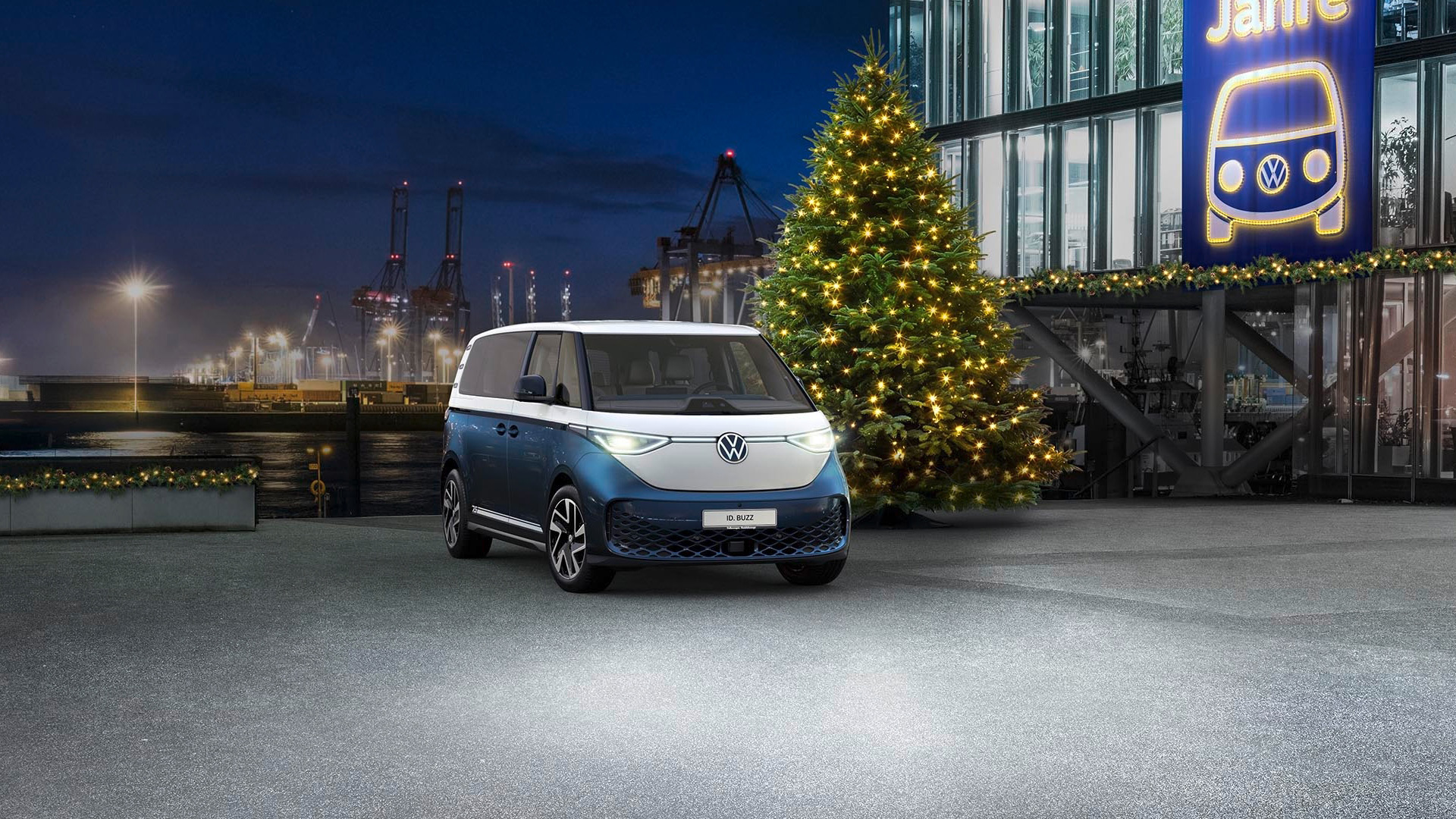 Volkswagen ID.Buzz , 75 Jahre, Sondermodell mit Jubiläumsfolierung in Bi-Color Candy-Weiß/Starlight Blue Metallic